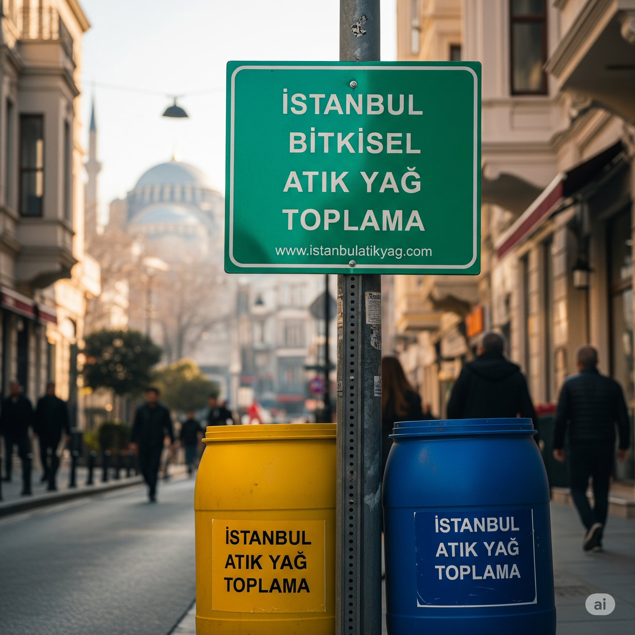 bitkisel atık yağ bidonları ve bilgi tabelası